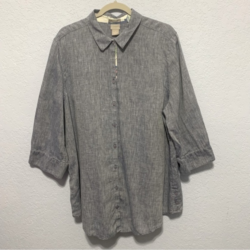Chico’s Plus Size No Iron Linen Flip Cuff Blue Button Up Shirt 4 (20-22)